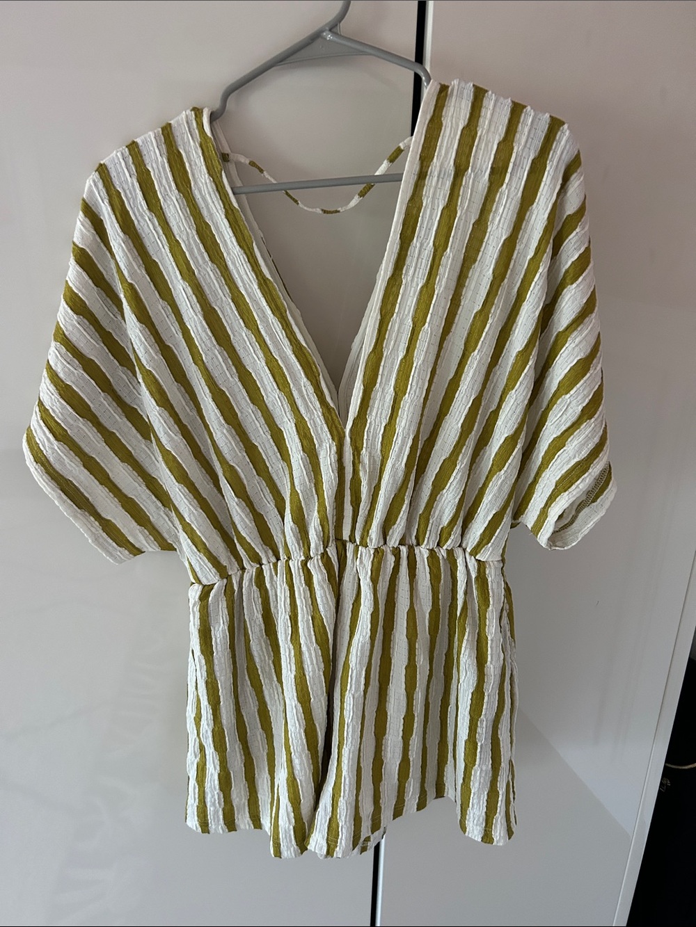 Vici Olive and White Striped V-Neck Jumpsuit